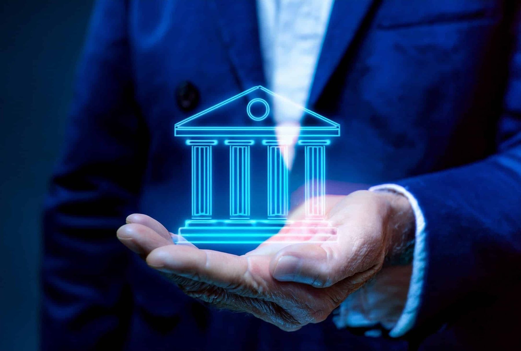 Digital banking, represented by a hand presenting a bank icon