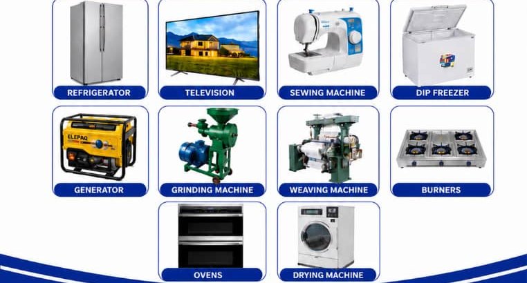 A grid of household and business equipment available on Al-Ave's asset financing plan, including a refrigerator, television, generator and sewing machine